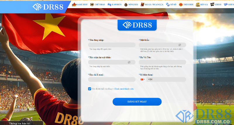 Giao diện ứng dụng DR88 nút đăng nhập nổi bật